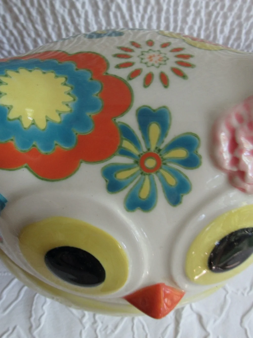 Pier One Owl Cookie Jar Storage Container Hand Painted Stoneware